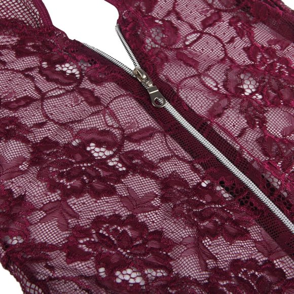 Floral Lace Stitching Backless Zipper Teddy - Picture 6 of 12